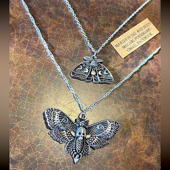 Dead head death moth necklace 925 Silver S925 set Womans new goth jewelry emo - Picture 1 of 8